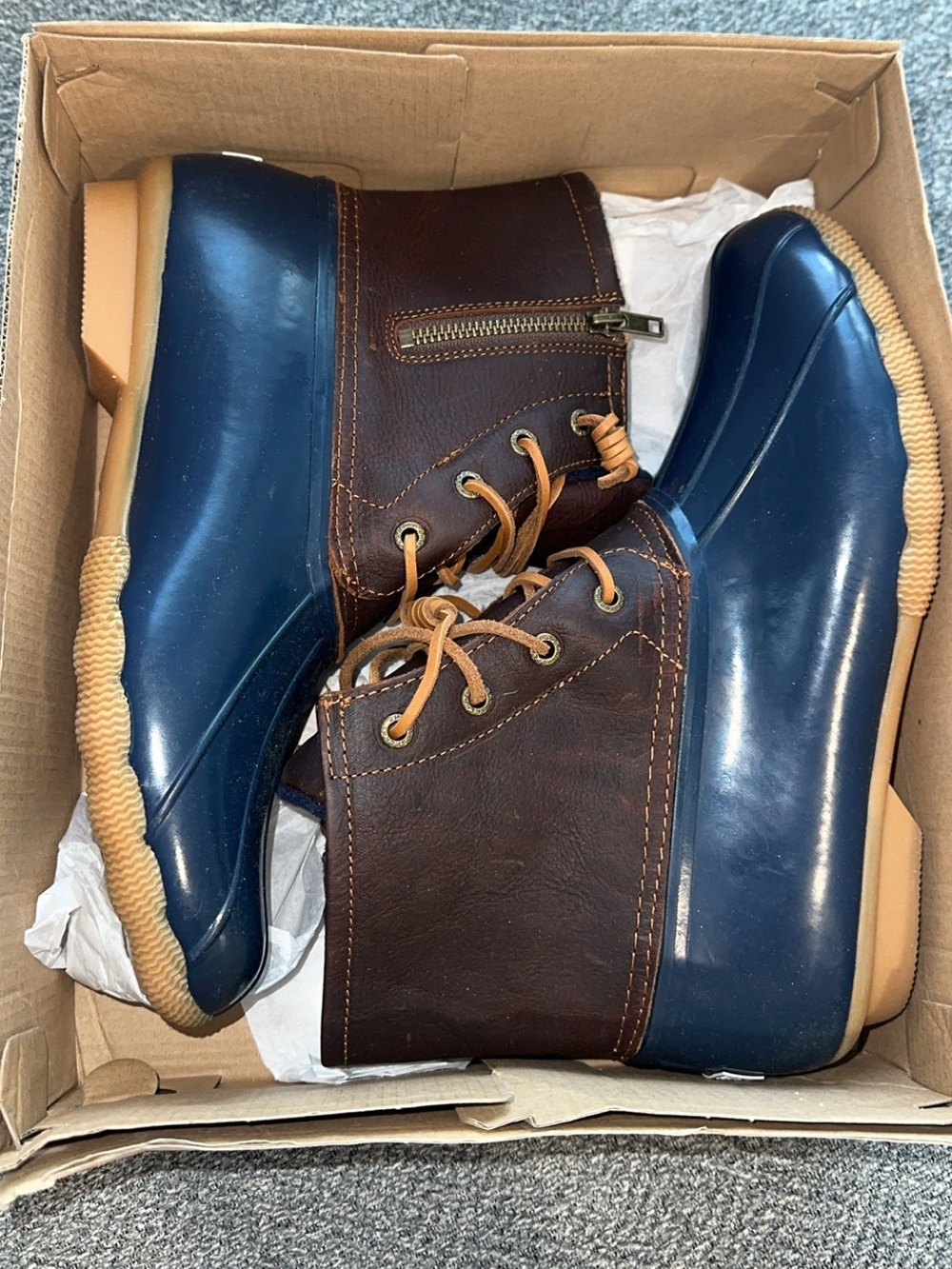 NEW! Sperry Navy and Brown Leather Waterproof Duck Boots
